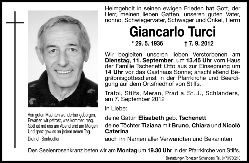  Traueranzeige für Giancarlo Turci vom 10.09.2012 aus Dolomiten