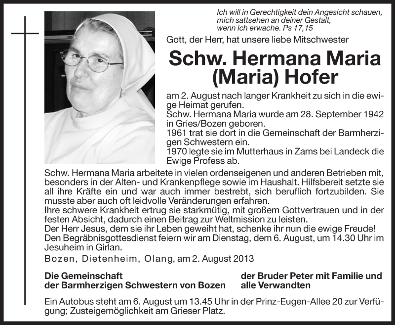  Traueranzeige für Hermana Maria Hofer vom 03.08.2013 aus Dolomiten