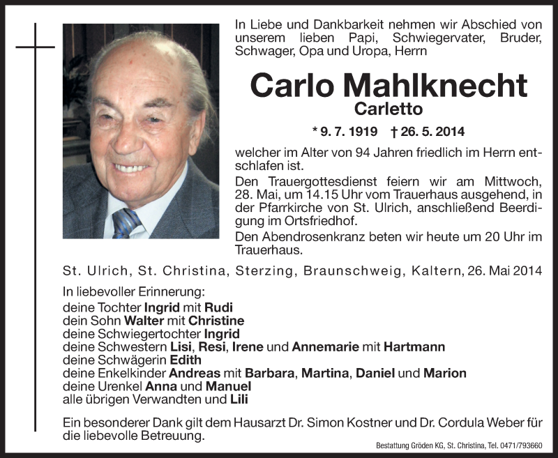  Traueranzeige für Carlo Mahlknecht vom 27.05.2014 aus Dolomiten