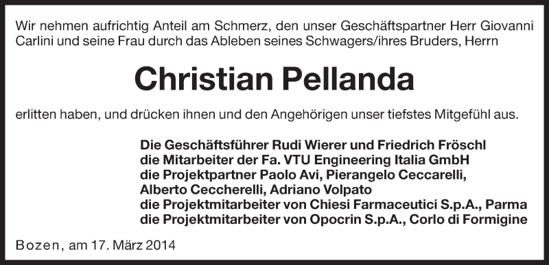  Traueranzeige für Christian Pellanda vom 17.03.2014 aus Dolomiten