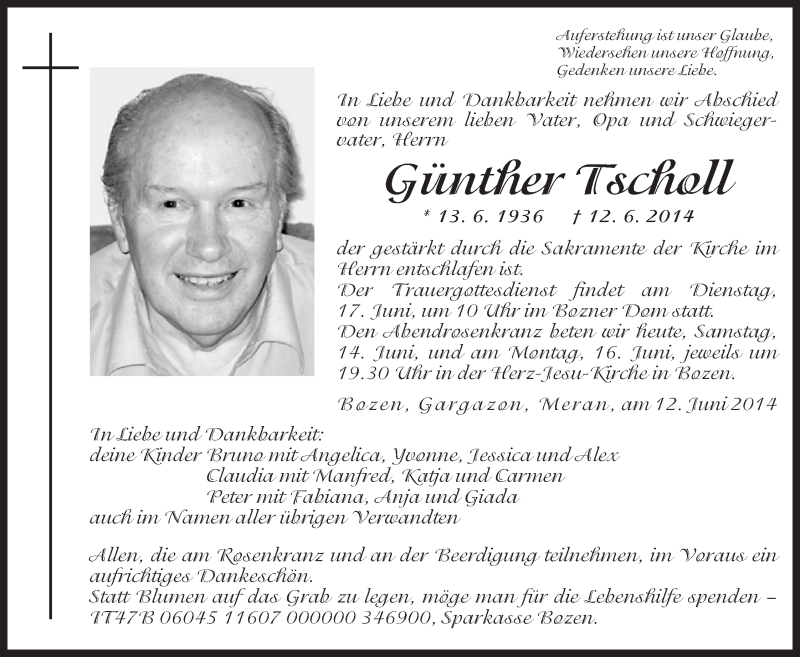  Traueranzeige für Günther Tscholl vom 14.06.2014 aus Dolomiten