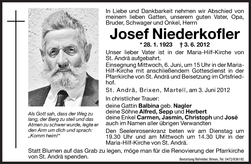  Traueranzeige für Josef Niederkofler vom 05.06.2012 aus Dolomiten