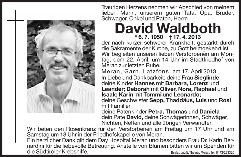  Traueranzeige für David Waldboth vom 19.04.2013 aus Dolomiten