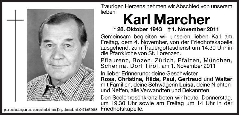  Traueranzeige für Karl Marcher vom 11.03.2011 aus Dolomiten