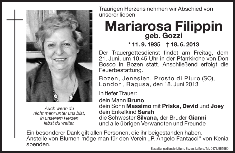  Traueranzeige für Mariarosa Filippin vom 20.06.2013 aus Dolomiten