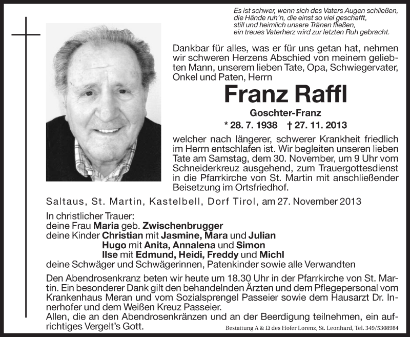  Traueranzeige für Franz Raffl vom 29.11.2013 aus Dolomiten