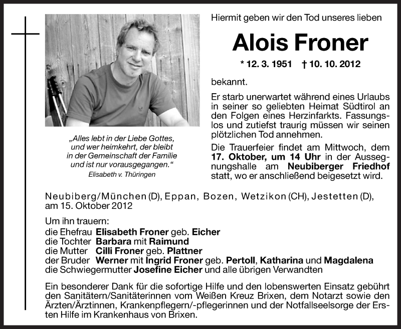  Traueranzeige für Alois Froner vom 15.10.2012 aus Dolomiten