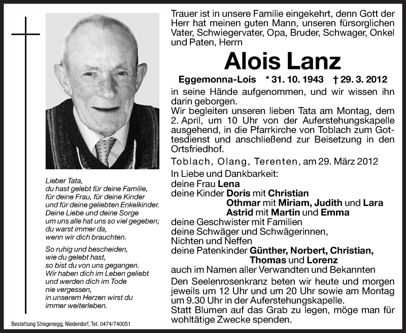  Traueranzeige für Alois Lanz vom 31.03.2012 aus Dolomiten