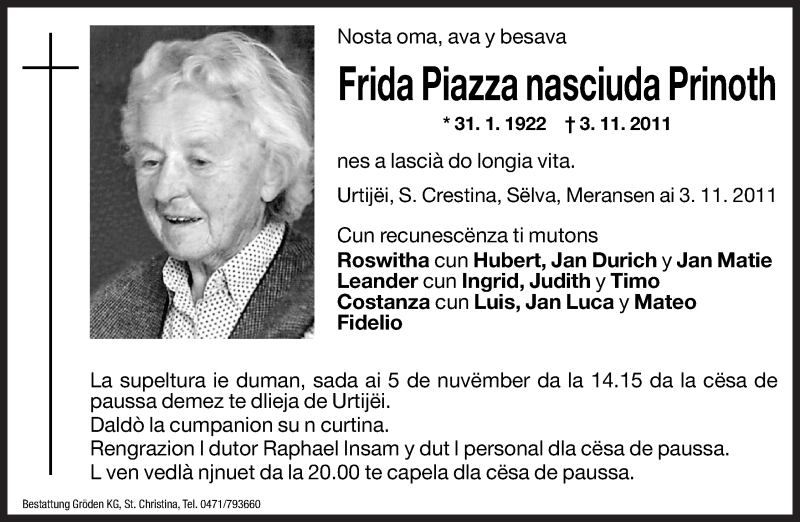  Traueranzeige für Frida Piazza nasciuda Prinoth vom 11.04.2011 aus Dolomiten