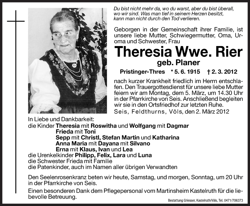  Traueranzeige für Theresia Rier vom 03.03.2012 aus Dolomiten