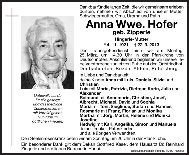  Traueranzeige für Anna Hofer vom 23.03.2013 aus Dolomiten