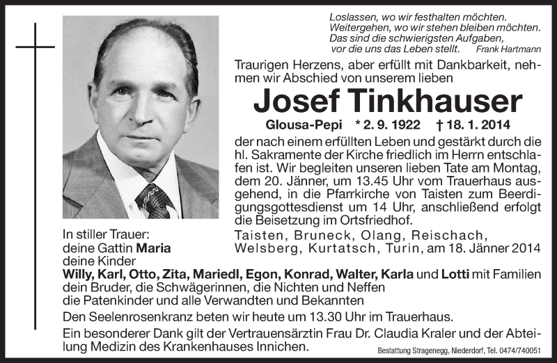  Traueranzeige für Josef Tinkhauser vom 20.01.2014 aus Dolomiten