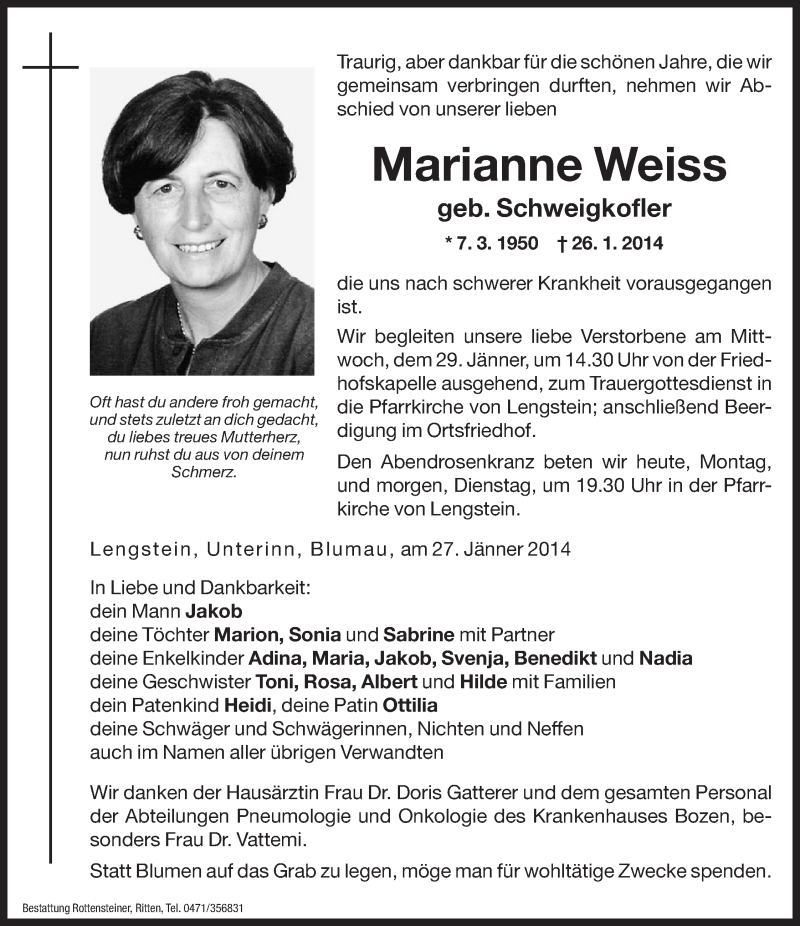  Traueranzeige für Marianne Weiss vom 27.01.2014 aus Dolomiten