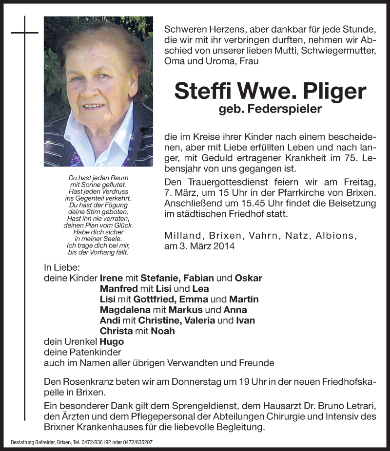  Traueranzeige für Steffi Pliger vom 05.03.2014 aus Dolomiten