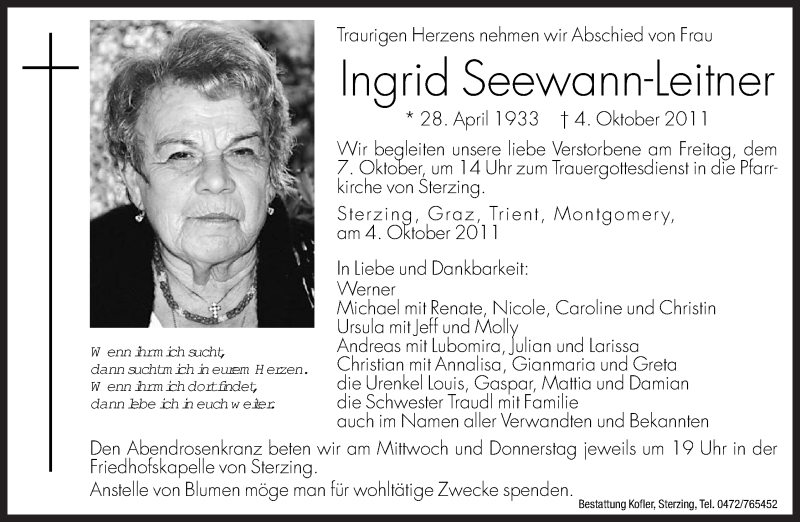  Traueranzeige für Ingrid Seewann-Leitner vom 05.10.2011 aus Dolomiten