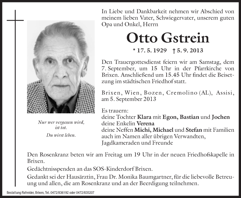  Traueranzeige für Otto Gstrein vom 06.09.2013 aus Dolomiten