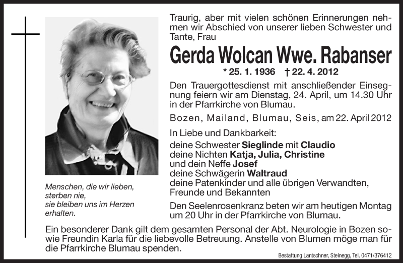  Traueranzeige für Gerda Rabanser vom 23.04.2012 aus Dolomiten