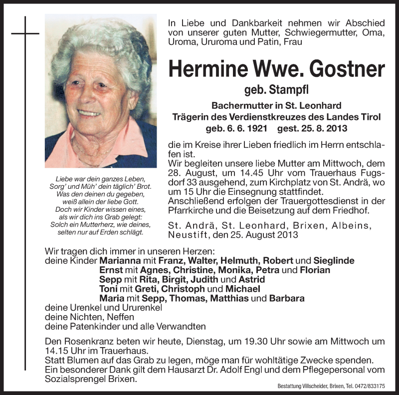  Traueranzeige für Hermine Gostner vom 27.08.2013 aus Dolomiten