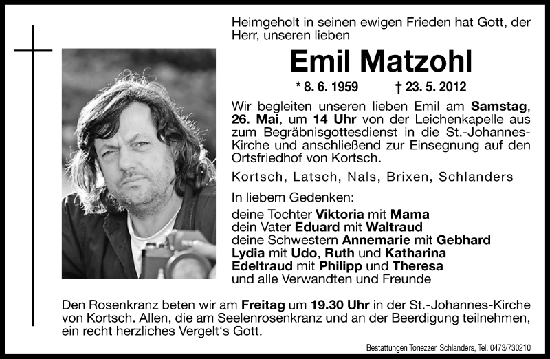  Traueranzeige für Emil Matzohl vom 25.05.2012 aus Dolomiten