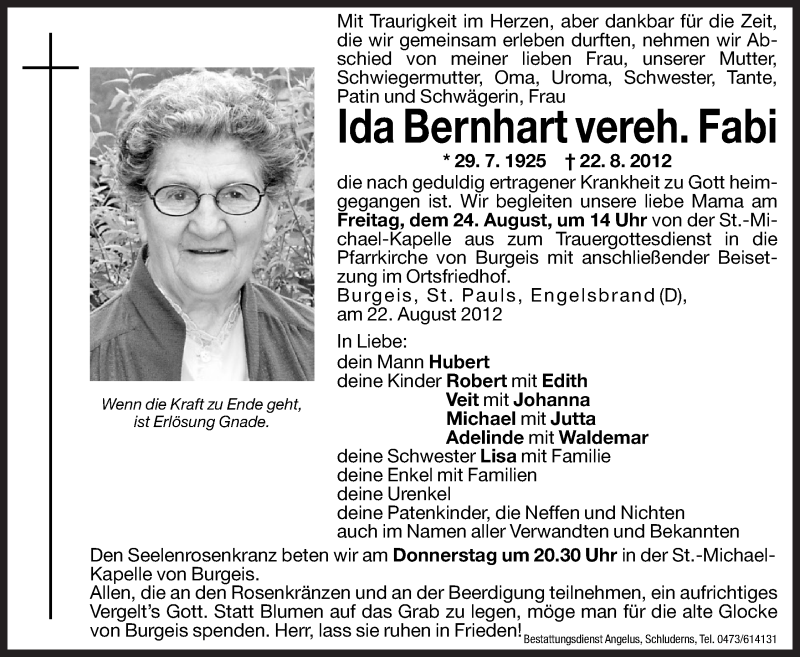  Traueranzeige für Ida Bernhart vom 01.01.0001 aus Dolomiten