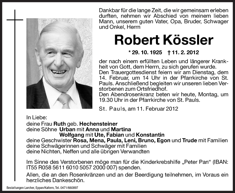  Traueranzeige für Robert Kössler vom 13.02.2012 aus Dolomiten