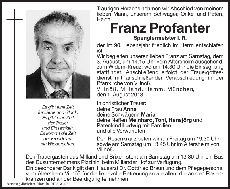  Traueranzeige für Franz Profanter vom 02.08.2013 aus Dolomiten