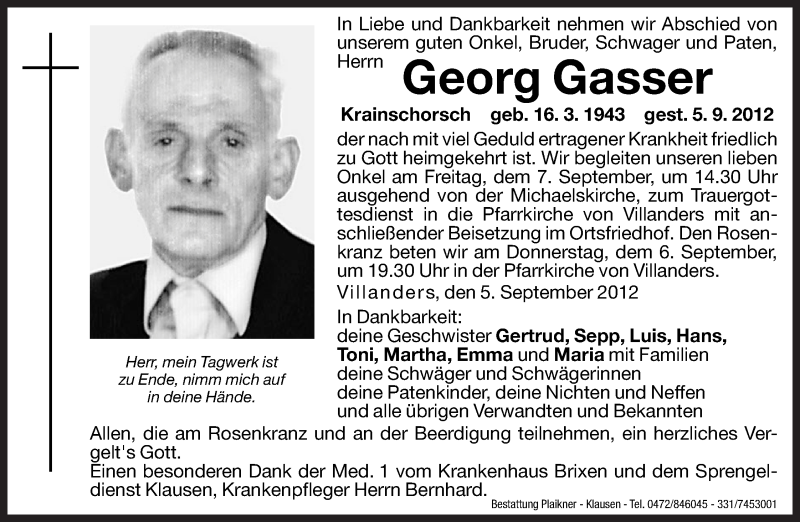  Traueranzeige für Georg Gasser vom 06.09.2012 aus Dolomiten