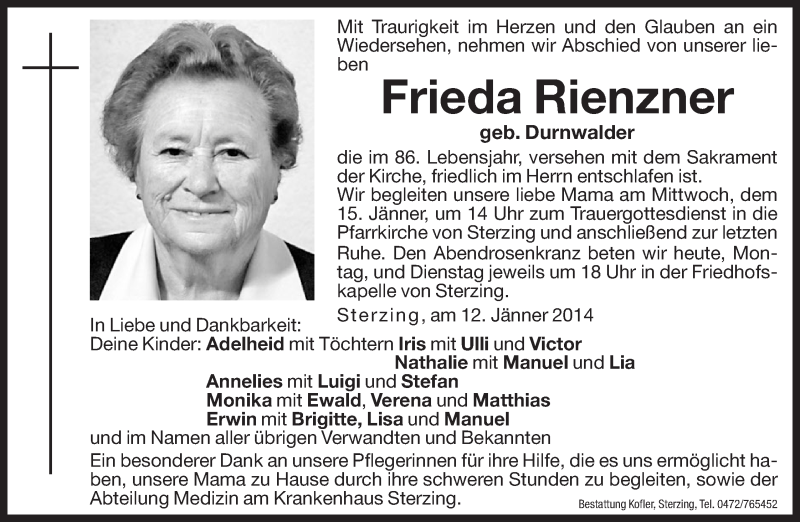  Traueranzeige für Frieda Rienzner vom 13.01.2014 aus Dolomiten