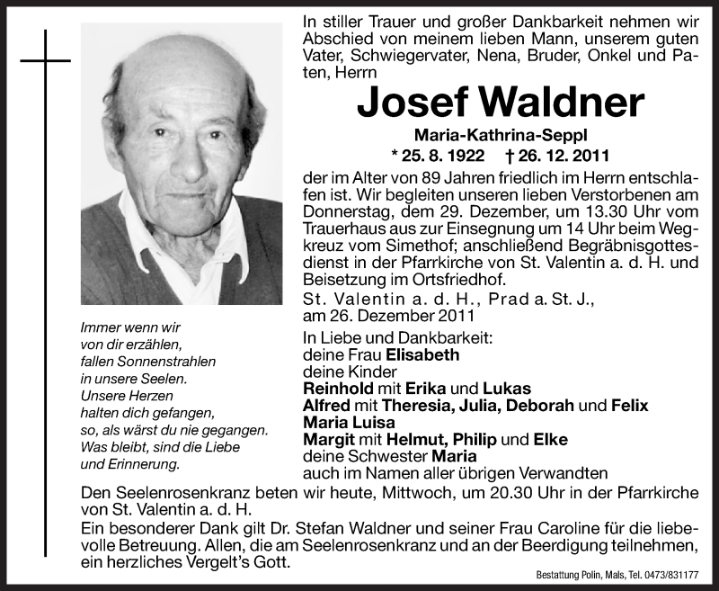  Traueranzeige für Josef Waldner vom 28.12.2011 aus Dolomiten