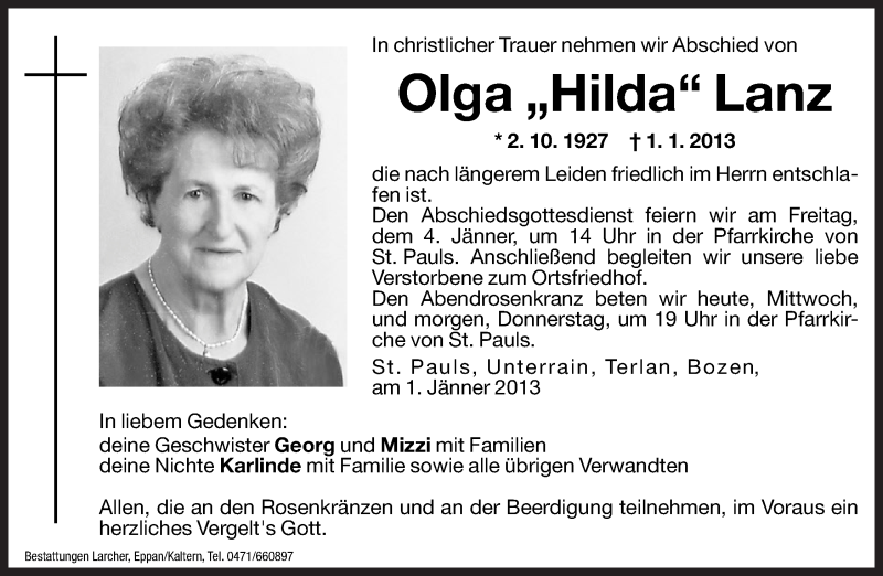  Traueranzeige für Olga Hilda Lanz vom 02.01.2013 aus Dolomiten