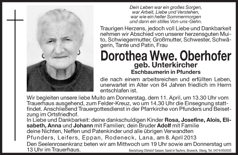  Traueranzeige für Dorothea Oberhofer vom 10.04.2013 aus Dolomiten