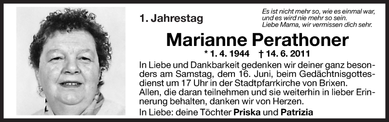  Traueranzeige für Marianne Perathoner vom 15.06.2012 aus Dolomiten