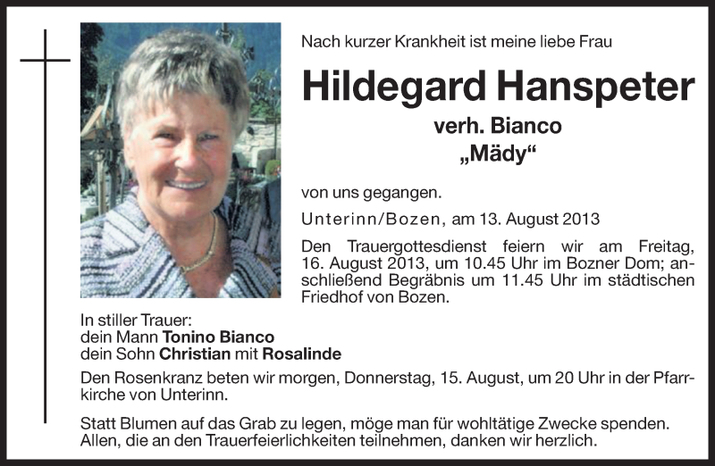  Traueranzeige für Hildegard Bianco vom 14.08.2013 aus Dolomiten