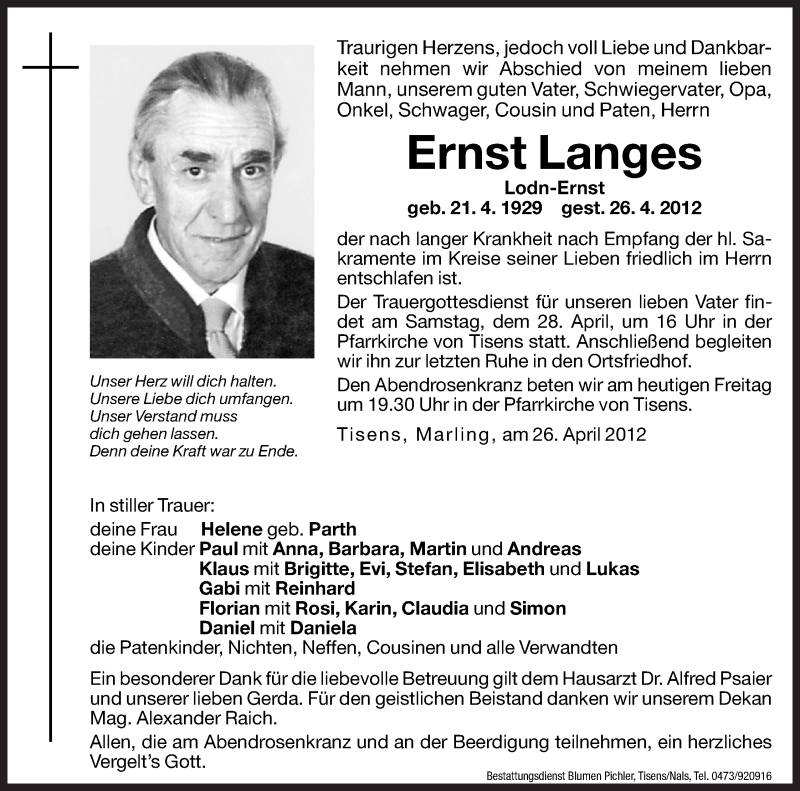  Traueranzeige für Ernst Langes vom 27.04.2012 aus Dolomiten