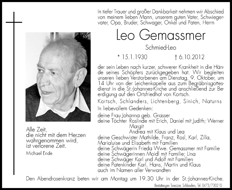  Traueranzeige für Leo Gemassmer vom 08.10.2012 aus Dolomiten