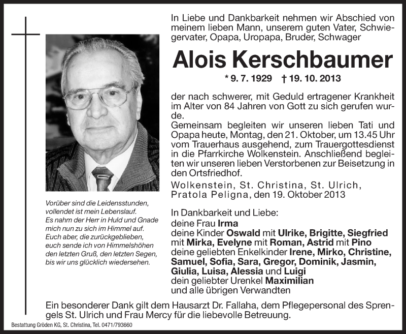  Traueranzeige für Alois Kerschbaumer vom 21.10.2013 aus Dolomiten