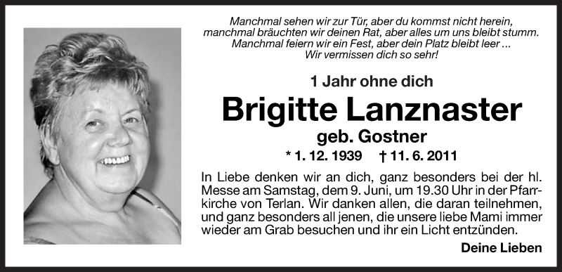  Traueranzeige für Brigitte Lanznaster vom 08.06.2012 aus Dolomiten