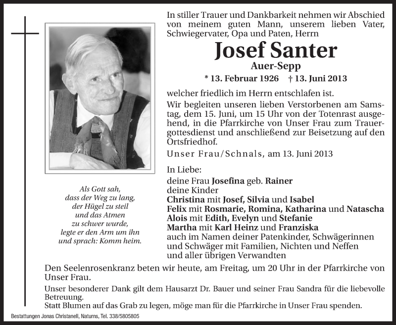  Traueranzeige für Josef Santer vom 14.06.2013 aus Dolomiten