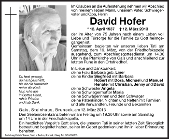 Traueranzeige von David Hofer von Dolomiten