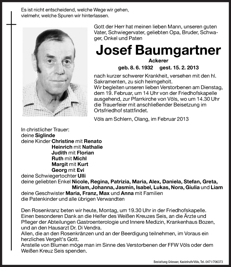  Traueranzeige für Josef Baumgartner vom 18.02.2013 aus Dolomiten