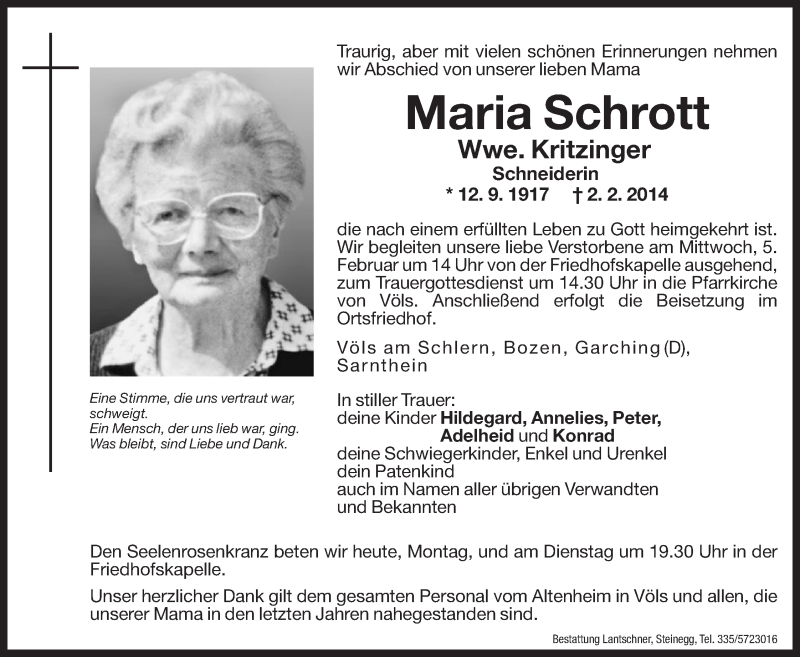  Traueranzeige für Maria Schrott vom 03.02.2014 aus Dolomiten