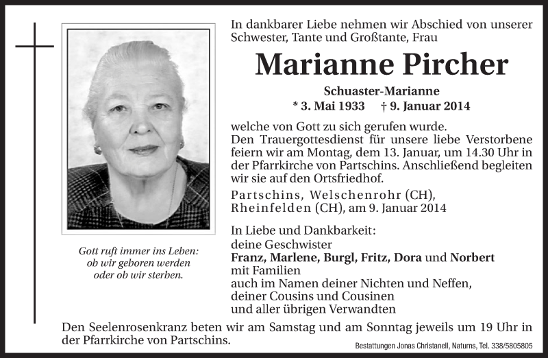  Traueranzeige für Marianne Pircher vom 10.01.2014 aus Dolomiten