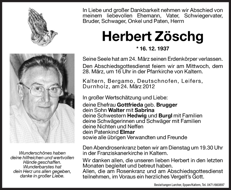  Traueranzeige für Herbert Zöschg vom 26.03.2012 aus Dolomiten