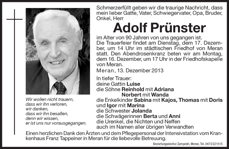  Traueranzeige für Adolf Prünster vom 14.12.2013 aus Dolomiten