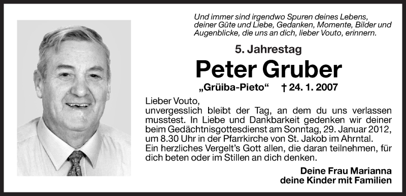  Traueranzeige für Peter Gruber vom 27.01.2012 aus Dolomiten