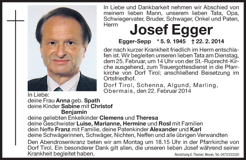  Traueranzeige für Josef Egger vom 24.02.2014 aus Dolomiten