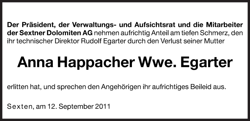  Traueranzeige für Anna Egarter vom 14.09.2011 aus Dolomiten