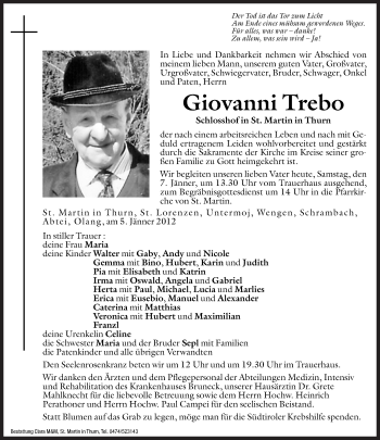 Traueranzeige von Giovanni Trebo von Dolomiten