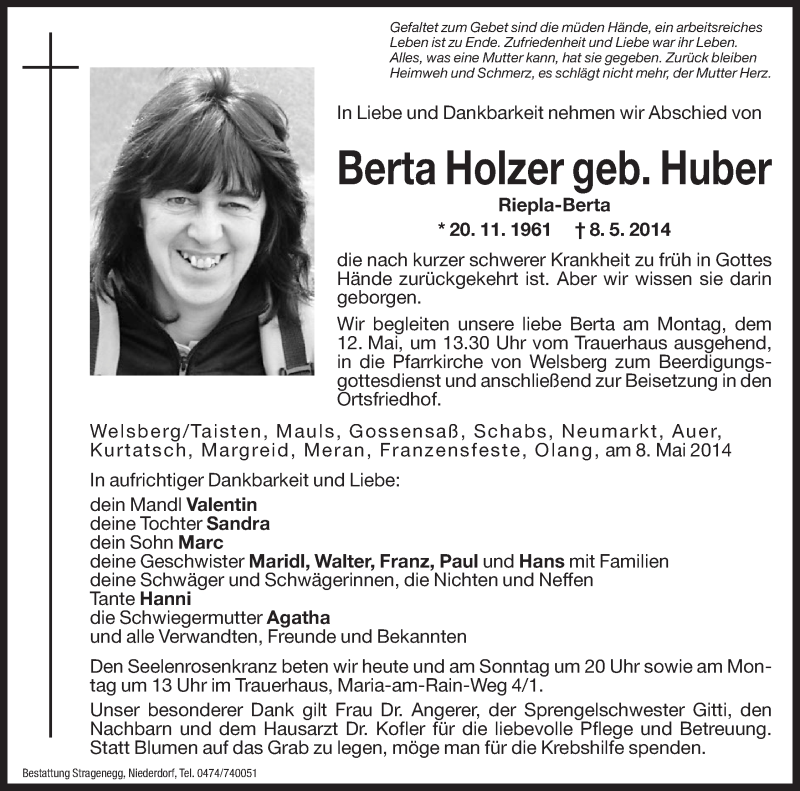  Traueranzeige für Berta Holzer vom 10.05.2014 aus Dolomiten