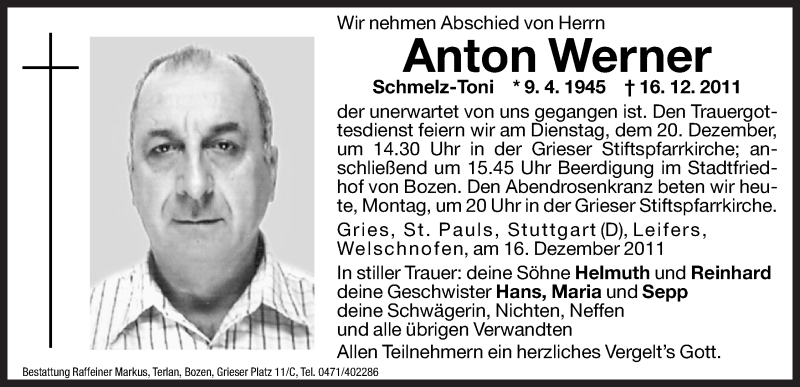  Traueranzeige für Anton Werner vom 19.12.2011 aus Dolomiten